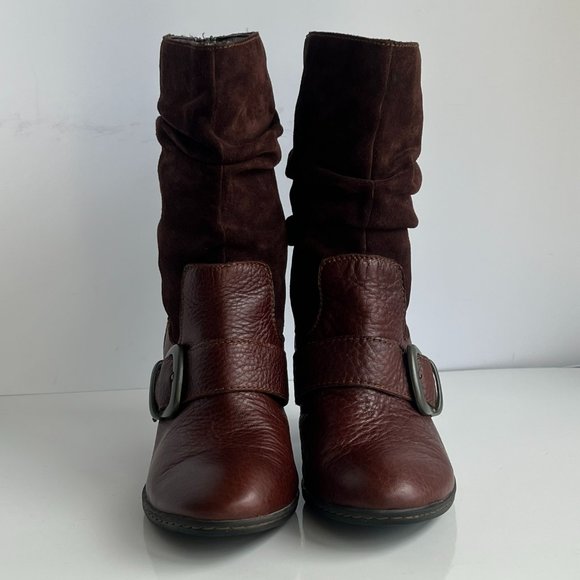 BOC BORN Chocolate Brown Leather Boho Buckle Pull On Mid Calf Block Heel Boots - Picture 5 of 14